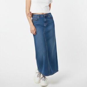 Out Jeans Stretch Denim Maxi Skirt Blue Distressed Pockets Rhinestones Size 10